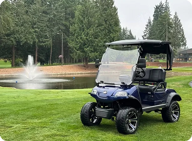 Golf cart parked on green lawn near lake fountain in scenic park area